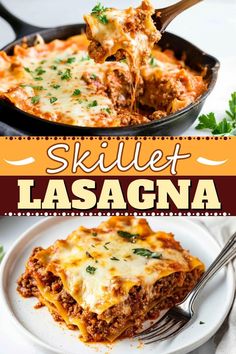 a skillet lasagna with meat and cheese in it is being lifted by a fork