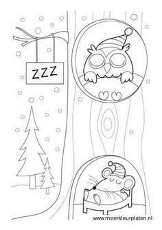 a coloring page with an owl sleeping in bed