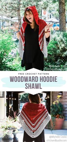 a woman wearing a red and white crochet shawl with text that reads, free crochet pattern woodard hoodie shawl