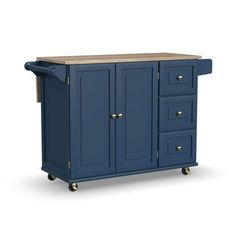 a blue kitchen island with two drawers and a butcher block top on casteors wheels