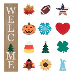 the welcome sign is surrounded by various fall and halloween decorations, including pumpkins, leaves, an american flag, a turkey, a jack - o - o - lantern