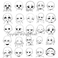 the various facial expressions in an anime character's face and head, all drawn by hand