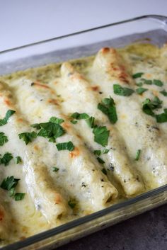 a casserole dish filled with cheese and meat covered in parmesan sauce