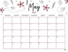 the may calendar is shown with flowers and leaves in pink, black and white colors