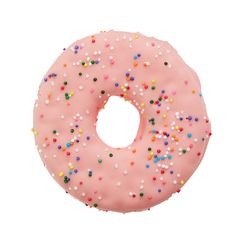 a pink frosted donut with sprinkles on it