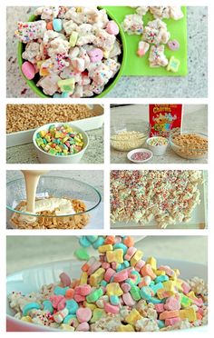 several different pictures with marshmallows in them and some cereal on the table