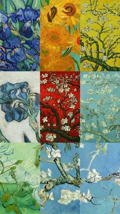 four different paintings with flowers and trees in them