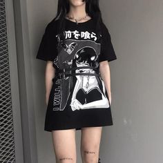 Oversized Black T Shirt, Gothic Streetwear, Tattoo T Shirts, Black T Shirts, Style Rock, Cute Crop Tops, Style Noir, Long Tshirt, Long Blouse