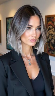 Ash Gray Ombre Hair, Grey Ombre Bob, Ashy Blonde Ombre Hair, Salt And Pepper Ombre Hair, Silver Baylage Brown Hair, Dark Hair Light Roots, Grey Brown Balayage, Dark And Grey Hair, Short Icy Blonde Hair With Shadow Root