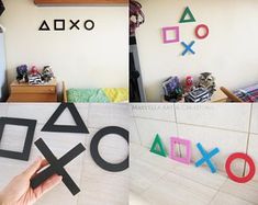 there are two pictures with letters on the wall and one has an arrow in it