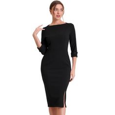 Elegant Stretch Bodycon Dress For Office Wear, Elegant Evening Bodycon Dress Slim Fit, Elegant Slim Fit Bodycon Evening Dress, Elegant Slim Fit Bodycon Dress For Evening, Elegant Half Sleeve Midi Dress For Office, Elegant Half-sleeve Midi Dress For Office, Elegant 3/4 Sleeve Bodycon Formal Dress, Elegant Fitted Bodycon Dress With 3/4 Sleeves, Elegant Formal Bodycon Dress With 3/4 Sleeves