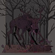 a drawing of a wolf in the woods with its head on another animal's back