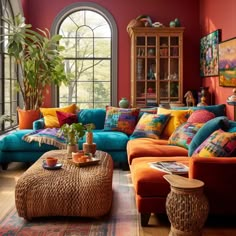 a living room filled with lots of colorful furniture