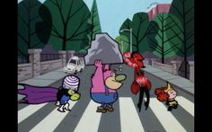 cartoon characters crossing the street in front of a car