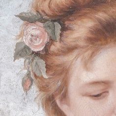 a painting of a woman with red hair and flowers in it's hair, looking down at her face