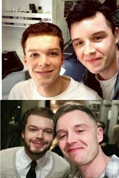 two men are smiling for the camera and one is taking a selfie with his friend