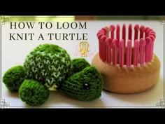 a green turtle sitting next to a pink hair brush on top of a table with the words how to loom knit a turtle