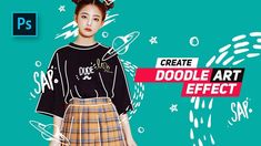 a girl wearing a black shirt and plaid skirt with the words create doodle art effect