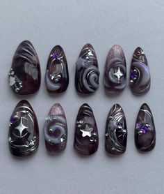 Space Themed Nails Aesthetic, Nails Acrylic Witchy, Spooky Goth Nails, Greyish Purple Nails, Space Inspired Nails, Goth Nails Purple, Luna Moth Nails, Soft Goth Nails, Mazzy Star Nails