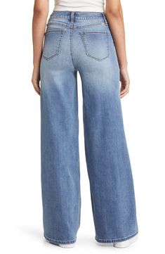 A faded indigo wash lends a playful feel to retro wide-leg jeans made with a high waist and soft, low-stretch denim. 33" inseam; 25" leg opening; 10 1/2" front rise; 15 1/2" back rise 76% cotton, 13% rayon, 10% polyester, 1% Lycra® spandex Machine wash, tumble dry Imported Fall Washed Wide Leg Cropped Jeans, Wide-leg Washed Cropped Jeans For Fall, Wide Leg Washed Cropped Jeans For Fall, Medium Wash Relaxed Fit Distressed Flare Jeans, Relaxed Fit Distressed Medium Wash Flare Jeans, Relaxed Fit Distressed Flare Jeans In Medium Wash, Medium Wash Distressed Flare Jeans With Relaxed Fit, Casual Medium Wash Wide-leg Cropped Jeans, High Rise Denim Flare Jeans For Casual Wear