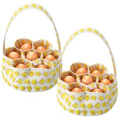 two baskets filled with eggs sitting next to each other