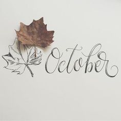 the word october is written in cursive writing with two leaves on top of it