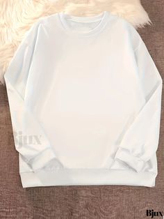 Bjux - Womens Simple Solid Sweatshirt: Casual Crew Neck Long Sleeve Sweater for Comfortable and Chic Clothing Basic Solid Color Sweatshirt With Letter Print, Basic White Plain Sweatshirt, White Plain Sweatshirt For Fall, White Basic Plain Sweatshirt, White Relaxed Fit Plain Sweatshirt, Simple Sweatshirt, Chic Clothing, Long Sleeve Sweatshirt, Long Sleeve Sweatshirts