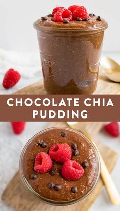 chocolate chia pudding with raspberries and chocolate chips