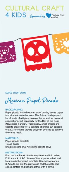 an advertisement for mexican paper plates with skulls and hearts on it, in blue background