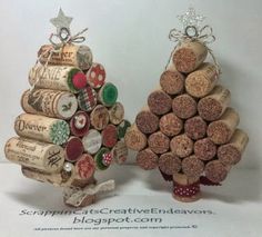 two wine corks are stacked on top of each other in the shape of a christmas tree