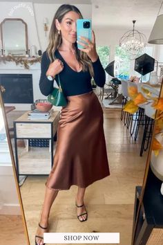 Brown Silk Midi Skirt, Midi Skirt Outfit Dressy, Satin Midi Skirt Outfit Evening, Midi Skirt Outfit Wedding Guest, Thanksgiving Outfit With Skirt, Silky Skirt Outfit Fall, Brown Silk Midi Skirt Outfit, Rust Silk Skirt Outfit, Womens Midi Skirt Outfit