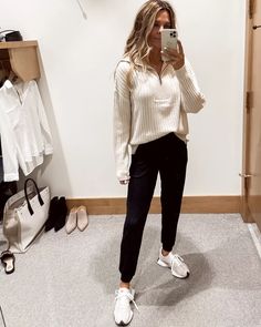 Casual Cosy Outfit, Quarter Zip Outfit Work, Put Together Athletic Outfits, Fall Quarter Zip Outfit, Quarter Zip Pullover Outfit Work, Nike Quarter Zip Outfit, Nb 327 Women Outfit, Pullover Outfit Ideas