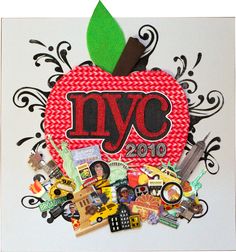 an apple with the word nyc surrounded by many different stickers and magnets