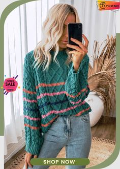 Green Striped Color Block Textured Knit Pullover Sweater Pullover Sweater Women, Knit Pullover, Textured Knit, Knitted Pullover Sweaters, Green Stripes, Knitted Pullover, Women's Tops, Pullover Sweater, Pullover Sweaters