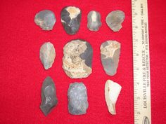 several different types of rocks are shown next to a ruler on a red background with white writing