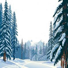 a snowy landscape with pine trees and mountains in the backgrounnd, illustration painting