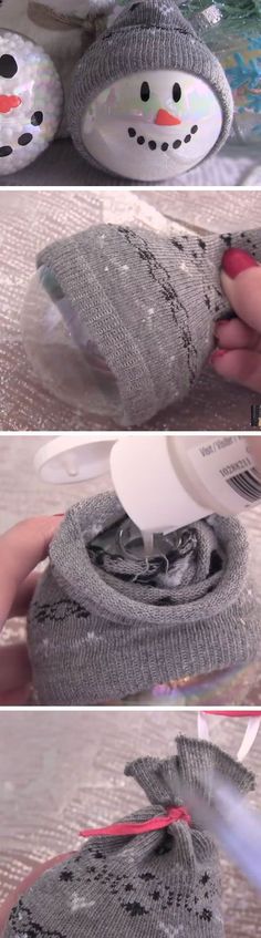 two pictures showing how to make a snowman ornament out of sweaters