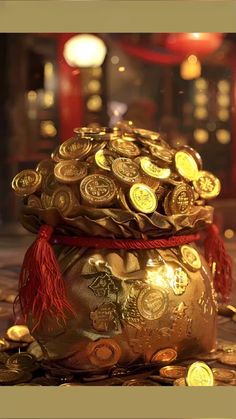 a gold pot filled with lots of coins on top of a pile of other items