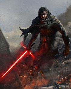 a star wars character with lightsabed in his hand and holding a light saber