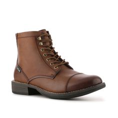 Eastland-High Fidelity Cap Toe Boot If you are looking for a timeless boot, look no further than the High Fidelity from Eastland. Lace up this leather boot with a cap toe for great weekday or weekend style! Rugged Cap Toe Lace-up Boots For Fall, Rugged Cap Toe Boots With Reinforced Toe, Brown Snip Toe Combat Boots For Fall, Rugged Brown Cap Toe Work Boots, Rugged Fall Cap Toe Combat Boots, Rugged Fall Combat Boots With Cap Toe, Rugged Winter Moto Boots With Cap Toe, Rugged Combat Boots With Goodyear Welt For Fall, Western Cap Toe Boots For Fall