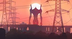 a giant robot standing on top of power lines in front of an orange sky with the sun behind it