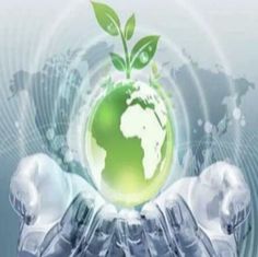 two hands are holding an earth with green leaves on it and the image is surrounded by water