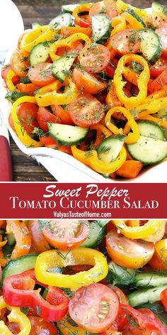 a salad with tomatoes, cucumbers and dill in it on a white platter