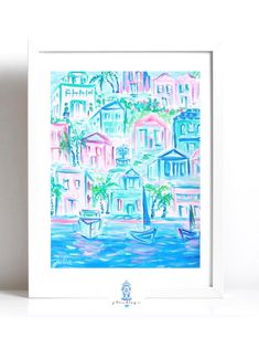 a painting of boats in the water with buildings and palm trees behind it on a white background