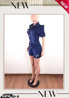 Casual Denim Holes Buttom Slim Romper Fitted Short Sleeve Overalls For Summer, Spring Fitted Overalls With Buttons, Trendy Fitted Overalls With Buttons, Fitted Denim Overalls With Buttons, Fitted Denim Jumpsuits And Rompers With Buttons, Clubwear Jumpsuits, One Piece Outfit, Denim Romper, Summer Blue