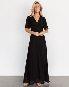 Make a statement with our elegant maxi chiffon dress, designed with a flattering v-neckline and an ascending point bodice. This dress exudes grace and sophistication, perfect for any formal occasion or special event. Maxi Chiffon Dress, Baltic Born, Maxi Dress Black, Chiffon Material, Chiffon Maxi Dress, Black Maxi, Black Maxi Dress, Guest Dresses, Formal Occasion