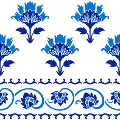 blue flowers and leaves on white background with decorative border in the style of art period