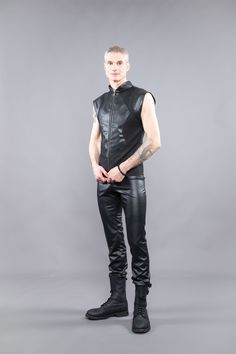 A linen vest for men features metal zipper and faux leather decoration in front and is made from linen to stay cool during summer. Biker Style Sleeveless Vest With Zipper Closure, Fitted Biker Vest With Zipper Closure, Sleeveless Biker Vest With Zipper Closure, Sleeveless Zipper Vest For Streetwear, Men Vest, Leather Decoration, Vest For Men, Linen Vest, Linen Men