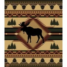 an image of a moose in the middle of a rug with pine trees on it