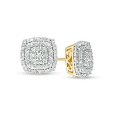 Shine on from day into evening with these dazzling diamond stud earrings. Crafted in warm 10K gold, each earring features a sparkling cushion-shaped diamond composite wrapped in a diamond-lined double frame. Radiant with 3/8 ct. t.w. of diamonds and a brilliant buffed luster, these post earrings secure comfortably with friction backs. Zales Jewelry Earrings, Beautiful Baubles, Double Frame, Peoples Jewellers, Diamond Stud Earrings, Diamond Stud, Shine On, Diamond Clarity, Diamond Stone